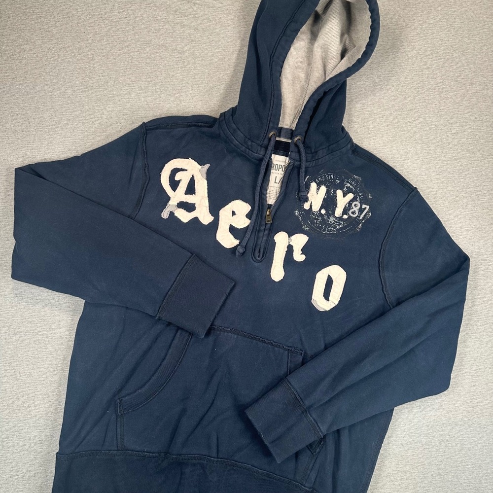 Y2K Aeropostale Hoodie Mens L Navy Blue 1/4 Zip NY 87 Embroidered Grunge Skate